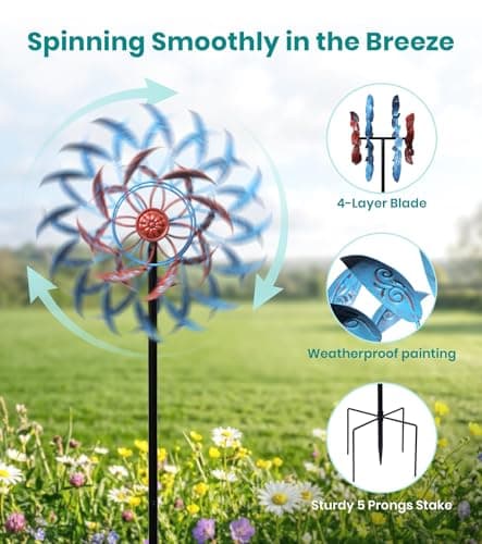VUFOZ 4 Layer Wind Spinner Outdoor Metal, 13" Kinetic Wind Spinner for Yard and Garden, Decorative Metal Yard Art for Lawn or Patio - Thumbnail 2
