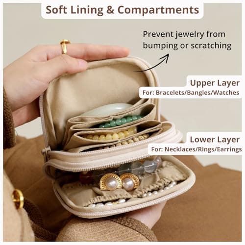 tianzong Small Travel Jewelry Case, Bridesmaid Gifts, Tangle-Free Jewelry Pouch Bag with Gift Box, Waterproof PU Jewelry Organizer for Valuables (Beige, Double Zipper) - Thumbnail 3