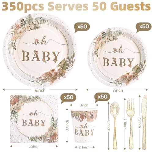 Gudvilla 350 Pcs Boho Baby Shower Decorations for Girl, Baby Shower Plates and Cups and Napkins Sets, Oh Baby Plates for Western Sweet Baby Girl, Summer Fall Gender Neutral, Serves 50 - Thumbnail 2