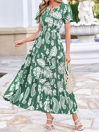 BTFBM Womens Summer Floral Maxi Dresses V Neck Short Sleeve Boho Casual Flowy Long Wedding Guest Dress Beach Vacation(Floral Green White, Medium) - Thumbnail 2