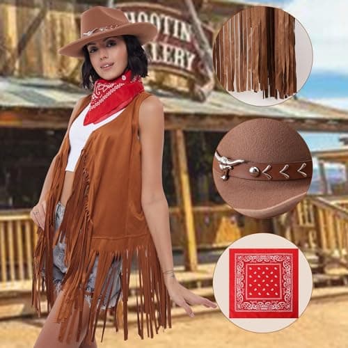 PARTTELY Western Cowgirl Outfits for Women, 70s Hippie Costume Cowgirl Tassels Fringe Vest, Cowboy Hat for Women, Bandana - Thumbnail 3