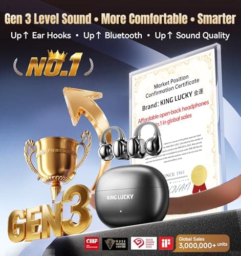 King Lucky Clip-On Earbuds Gen 3, Open-Ear Wireless Bluetooth 6.0 Headphones with Mic, Secure Fit for Small Ears & Glasses Wearers, 50H Playtime, ENC, IPX5 Waterproof Sport Ear Buds (Black) - Thumbnail 2
