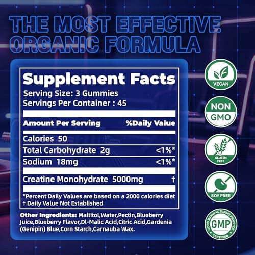 zipvit Creatine Monohydrate Gummies (5g) – Pre-Workout Energy & Muscle Growth Support for Men & Women | Blueberry Electrolyte Gummies (135 Count) - Thumbnail 4