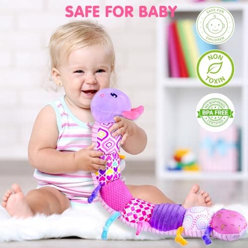 Baby Infant Musical Stuffed Animal Soft Toy with Multi-Sensory Crinkle, Rattle & Textures,Baby Girl Toy Birthday Gift for 0 3 6 9 12 Months+,Caterpillar,Purple - Thumbnail 5
