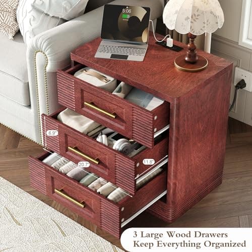 RECHHX 3 Drawer Dresser for Bedroom, 25.6" Tall Nightstand with Charging Station, Farmhouse 23.6" Wide End Table, Thermoformed Curved Small Chest of Drawers for Bedroom, Living Room, Cherry - Thumbnail 5