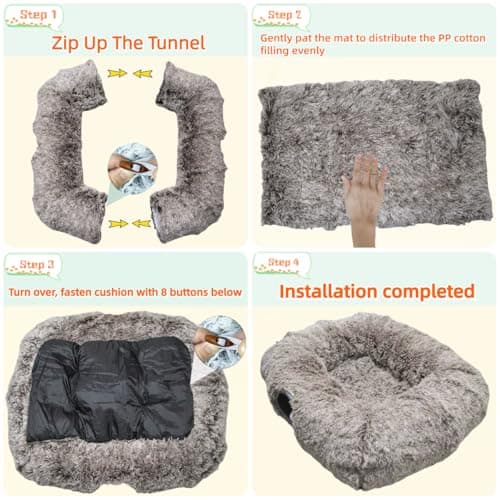 XxingSheep XL Cat Tunnel with Bed for Indoor Cats Peekaboo Cat Cave Donut Toy with Warm Mat,Yellow-Brown - Thumbnail 6