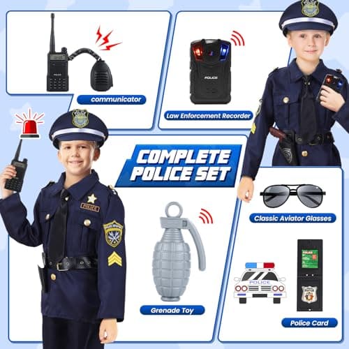 Skirfy 16PCS Police Costume for Kids, 16PCS Police Officer Uniform, Recorder, Cop Costume Role Play Kit for Boys Girls,Halloween Toys for Kids - Thumbnail 4