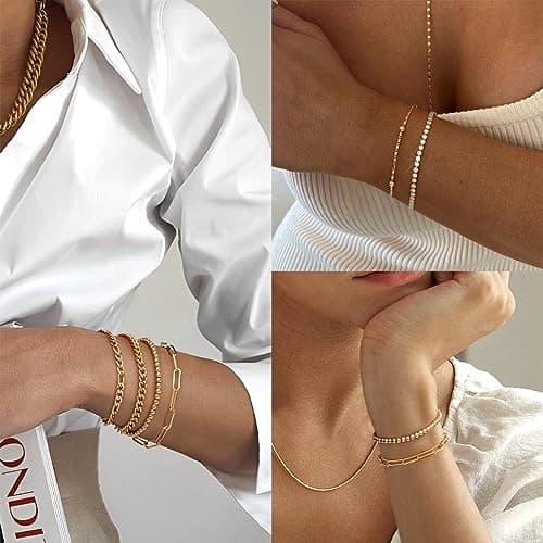 adoyi Gold Bracelets for Women, 14K Gold Plated Stackable Bracelet Stack Set Adjustable Charm Paperclip Chain Cuban Link Layered Waterproof Jewelry Sets Gifts for Womens 6.5 Inch - Thumbnail 2