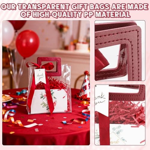 LERCTH Red Clear Thank You Gift Bags with Handles, Plastic Transparent Party Favor Bags with Ribbon Bow & Tags, Reusable Gift Bags for Wedding Bridal Shower Baby Shower Birthday Party Decor Supplies - Thumbnail 3