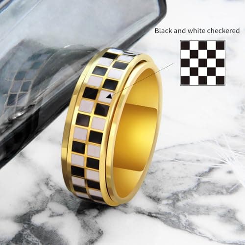 Checkerboard Fidget Ring for Men - 8mm Unique Black and White Checkered Anxiety Spinner Jewelry for Adults, Stainless Steel Roating Ring for Stress Relief, Modern Jewelry Gift for Men Women (Gold, 8) - Thumbnail 4