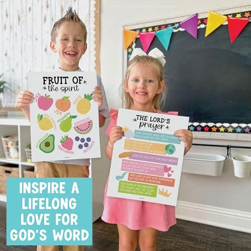 Hadley Designs Sunday School Decorations for Classroom –9 Bible Posters for Kids, Books of the Bible, 10 Commandments, Bible Timeline Chart, Fruits of the Spirit, Pastel Christian Classroom Decor - Thumbnail 4