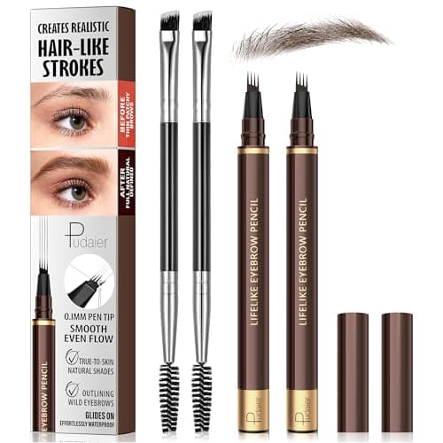 2 Pack 4-Tip Microblading Eyebrow Pen with 2 Brow Brushes, Waterproof Vegan Formula Eyebrow Pencils for Women to Effortlessly Create Natural Hair-Like Strokes, All-Day Wear (Black Brown) - Image 1