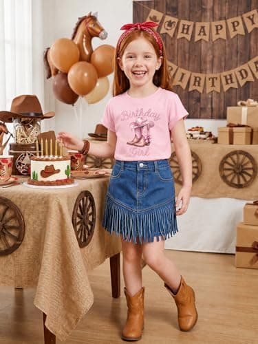 IsPICK Birthday Girl Shirt Toddler Kids Birthday Outfit Western Cake Bow Ribbon Girls Graphic Tees Party Tshirts 4-12 Years - Thumbnail 3