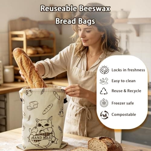 Beeswax Bread Bags for Homemade Bread & Sourdough, 2 Pack XL 16.4x12.8 in Linen Organic Bread Storage with Cat Pattern, Keeps Fresh Longer - Thumbnail 3