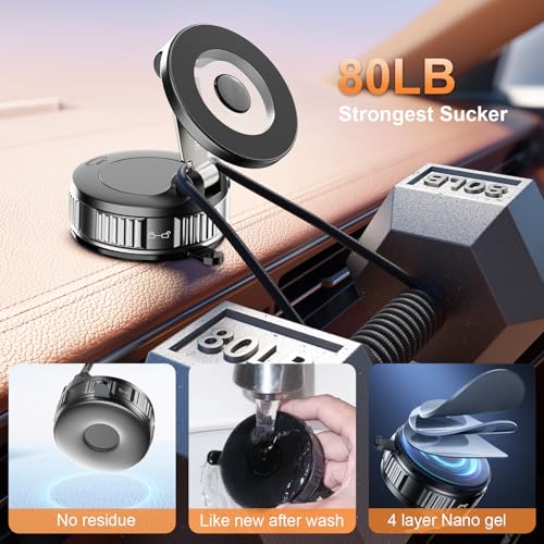 Magnetic Phone Holder for Car, 360° Adjustable Vacuum Car Phone Holder for Magsafe, 80+LBS Suction Phone Mount for Car Dash/Windshield/Screen, Phone Holders for Your Car for iPhone 17 16 15 14 13 12 - Thumbnail 3