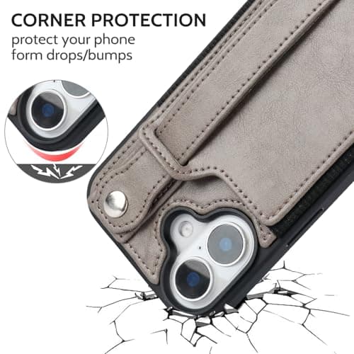 TOOVREN Wallet Case for iPhone 16 Plus Case with Card Holder Kickstand Adjustable Fits iPhone 16 Plus Wallet Case with Neck Strap Lanyard Leather for Women & Men 6.7 Inch Gray - Thumbnail 4
