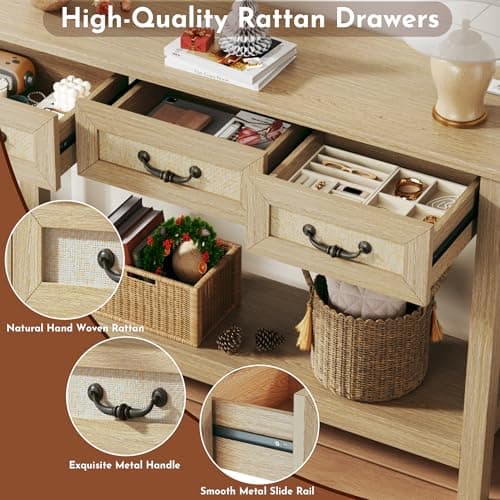 HUAHUU 47.2" Console Table with 3 Rattan Drawers, Long Sofa Table with Storage Behind Couch, Modern Entryway Table with Power Outlet & Open Shelf for Entrance/Hallway/Foyer/Living Room, Natural - Thumbnail 3
