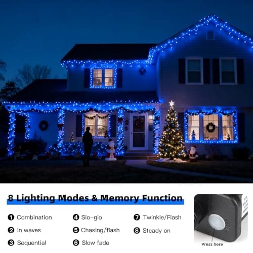 VTECHOLOGY 500 LED Blue Christmas Tree Light Plug in,Connectable 170ft String Lights with 8Modes UL Certified Outdoor Indoor for Halloween Holiday Bedroom Party Decor - Thumbnail 2