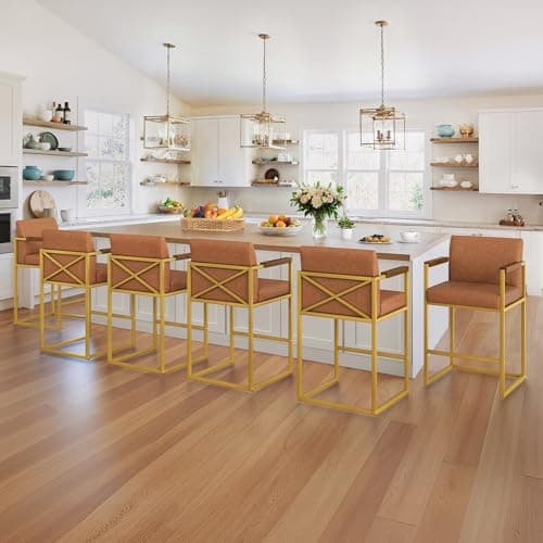LUE BONA Bar Stools Set of 2, Counter Height Bar Stools with Backs and Arms, Modern BarStools with Metal Legs, Upholstered Bar Chairs for Kitchen Islands, Brown and Gold - Thumbnail 6
