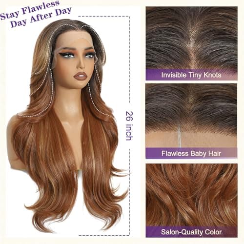 Sotpmal 13x4 HD Lace Front Wigs for Women, Ombre Brown Highlight Long Layered Wavy Glueless Synthetic Wig, Natural Hairline Premium Heat Resistant, Throw and Go Beginner Friendly Daily Wear 26 Inch - Thumbnail 3