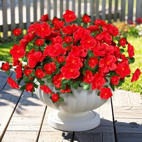 ICX 6 Bundles Artificial Impatiens Flowers for Outdoors,Realistic Silk Flowers Uv Resistant, Spring Fake Outdoor Flowers for Planter Porch Patio Balcony Garden Decoration (Red) - Image 1