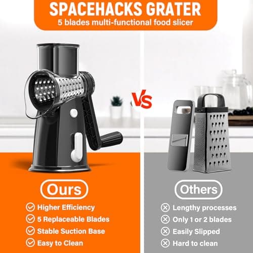 Rotary Cheese Grater Hand Crank with 5 Interchangeable Blades, Vegetable Chopper Spiralizer Slicer for Fruit Vegetable Nuts, Mandoline Slicer for Kitchen with Blades Rack & Suction Base, Black - Thumbnail 4