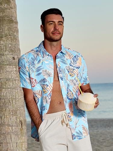 JEMLDL Men's Hawaiian Short Sleeve Button Down Shirt Wrinkle-Free Lightweight Tropical Leaf Beach Summer Clothes Sky Blue Leaf 2X-Large - Thumbnail 3