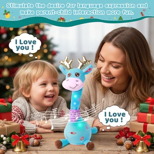 LLUKEME Dancing Talking Giraffe with Golden Antlers Toy, Stuffed Animal Baby Toy Repeating What You Say, Musical Toy with Golden Anlters Easter Gifts for Toddlers 1-3 Years Old (Blue Giraffe Antlers) - Thumbnail 5