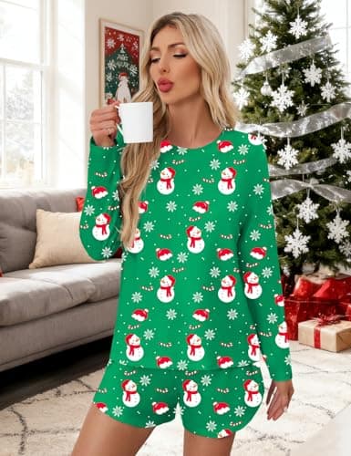JUSTFASHIONNOW Christmas Pajamas Women Lounge Set 2 Piece Outfits Loungewear Sweatsuit Long Sleeve Snowman Print Pajamas Split Short Sets Soft Casual Crew Neck Sleepwear Pjs (Green, Medium) - Thumbnail 3