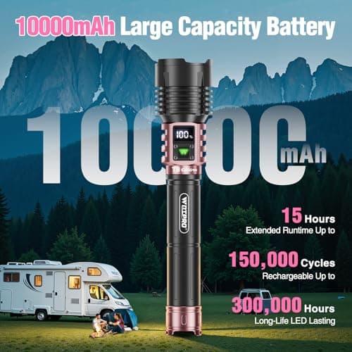 WdtPro Rechargeable LED Flashlights High Lumens, Super Bright 90000LM Rechargeable Flashlight with LCD Display, 5 Modes & Waterproof Powerful 10000mAh Handheld Flashlight for Camping Emergency Pink - Thumbnail 5