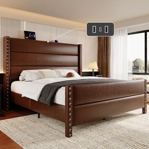 Uteeran Queen Bed Frame with Storage Shelf & Charging Station, 55" Tall Headboard & 25.6" Footboard, Faux Leather Upholstered Platform Bed with Big Rivets Wingback, Heavy Duty & Noise-Free, Brown - Image 1