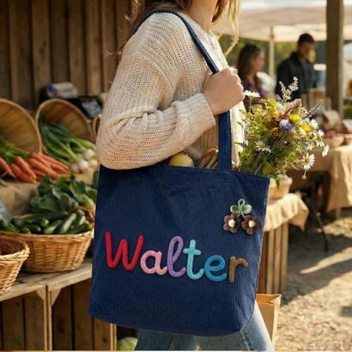 Personalized Corduroy Tote Bag for Women, Custom Name Large Shoulder Bag with Zipper, 3D Crochet Flower Embellishment, Stylish Travel College Work Handbag, Ideal Birthday Christmas Mother's Day Gift - Thumbnail 2