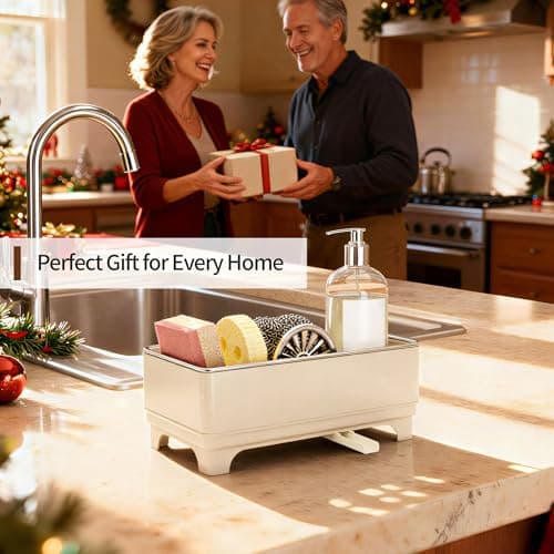 Sponge Holder for Kitchen Sink – Rustproof Stainless Steel, 360° Rotating Drain Pipe, Large Counter Organizer with Drip Tray for Sponges, Brushes & Dish Cloths Off-white - Thumbnail 6