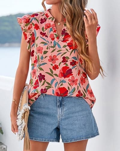 Zenlonr Womens Dressy Casual Tops 2026 Summer Ruffle Cap Sleeve V Neck Shirts Boho Floral Blouses Vacation Outfits(Floral Orange Pink Red,XX-Large) - Thumbnail 4