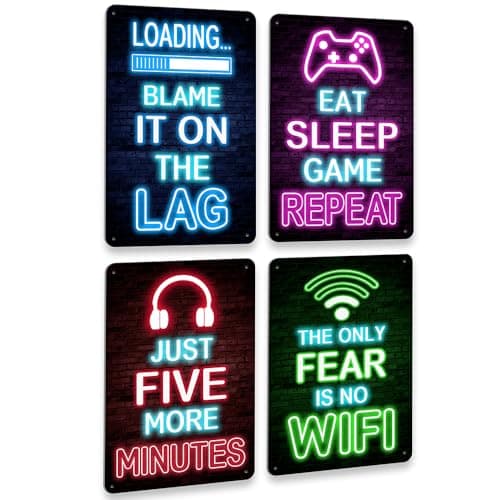 Drsoum Video Gamer Room Decor for Boys Gaming Wall Decor Neon Gaming Room Metal Sign 12 x 8 Inch Set of 4 - Gamer Wall Decor Teenage Boy Room Decor - Image 1