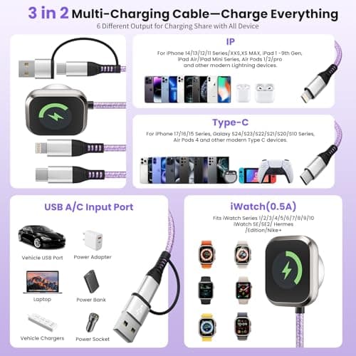 Travel Essentials, 3 in 2 USB A/C Cable to iPhone 17 Charger/iWatch Charger/IP, Braided Multi Charging Cable Cord, RV Camping Essentials, Designed for iWatch Series & iPhone17-11/iPad [Purple, 5FT] - Thumbnail 3