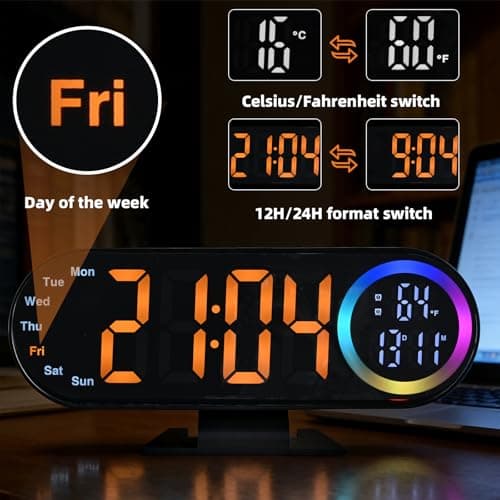 Electime Digital Alarm Clocks with 16 Night Light, Loud Alarm Clock for Heavy Sleepers Adults Teens Kids Seniors, 3 Brightness 2 Alarm Mirror and LED Big Display Clocks for Bedside, Desk - Thumbnail 4