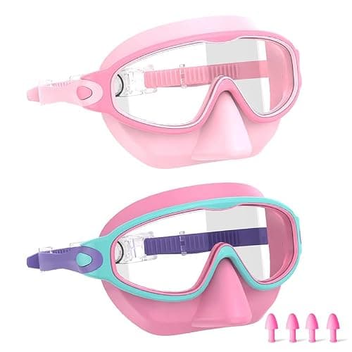 YLKJSWIM Swim Goggles for Kids 3-15 with Earplugs Large Frame Anti-Fog/UV With nose pads Swimming Goggles for Boys Girls Toddler 2PCS (Pink&Coral Purple)