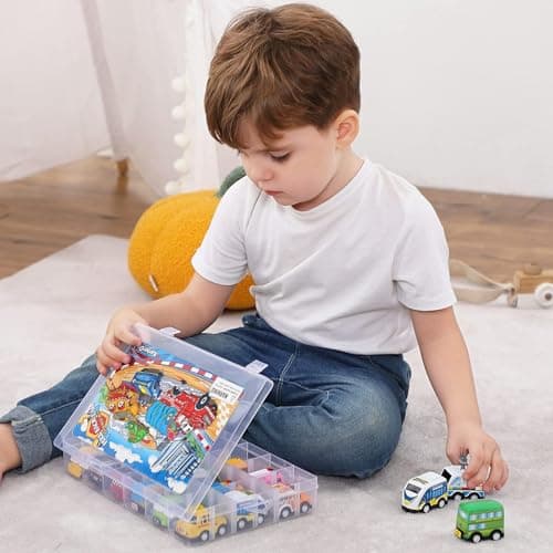 18 Pack Assorted Pull Back Car Toys for Kid with Storage Organizer Box, Mini Model Vehicle Set with Display Case for Child Toddler, Small Play Truck Bulk for Boy and Girl Party Favors, Birthday Gift - Thumbnail 2