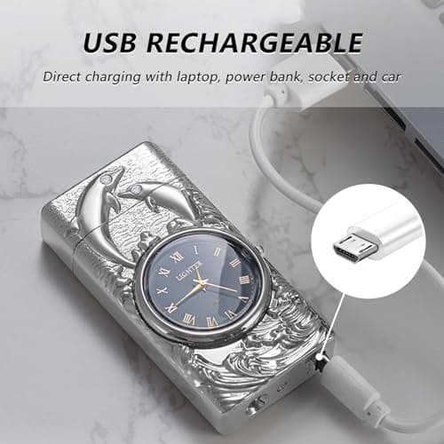 BABOBIU Electric Lighter USB Rechargeable Lighter Windproof Cool Dolphin Lighters Flameless Portable Arc Lighters with Portable Flashlight Gift for Men, Boyfriend, Husband (Silver) - Thumbnail 4