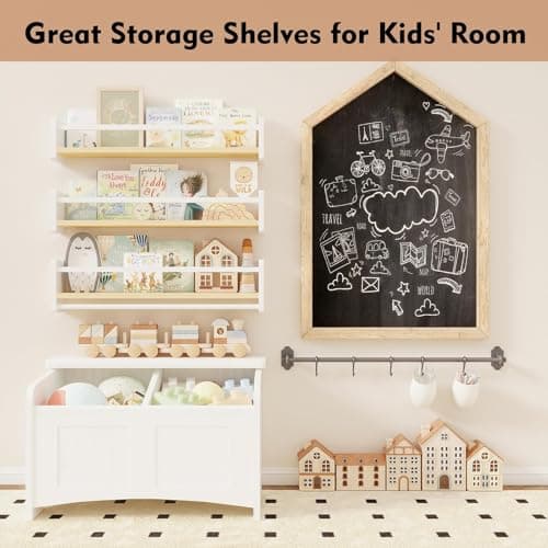 MXCSE Nursery Floating Bookshelf for Kids, Wall Mounted Kids Book Shelf with Toy Storage, Pine Wood Nursery Shelves for Playroom, Bedroom, Toddler Room, Set of 3 (White & Wooden, 24 in) - Thumbnail 4
