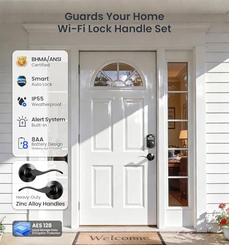 Veise VE012W-B Wi-Fi Fingerprint Smart Lock with Handle Set, Remote App Control, Keyless Entry Front Door Lever, Built-in WiFi No Hub Needed, Backlit Keypad Deadbolt, Auto-Locking, Matte Black - Thumbnail 6