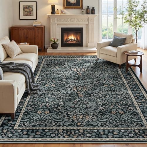 Lofus Black Rug 8x10, Washable Large Living Room Area Rugs Non Slip Low Pile, Boho Floral Carpet for Kitchen Bedroom Dining Room Nursery Home Office, Vintage Farmhouse Forest-Themed Area Rugs - Image 1