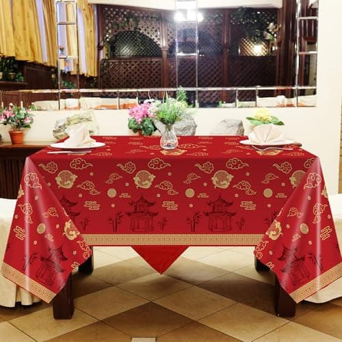 party greeting Hibachi Table Covers 3 Pack Japanese Disposable Plastic Tablecloth 54x108 Inch Chinese Decorations Cultural Tableware Spring Festival Plastic Table Cover for New Year Asian Party（Red） - Thumbnail 6