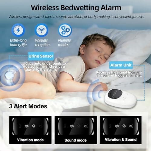 Wireless Bedwetting Alarm for Kids - Separate Design Enuresis Pee Alarm with Vibration & Sound Alert, USB C Rechargeable Bed wetting Alarm & Moisture Detector Back Clip for Boys Girls Toddlers Seniors - Thumbnail 2