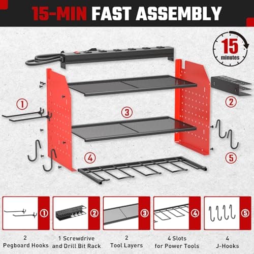 ZESEN Power Tool Organizer with Charging Station, Heavy Duty 3 Layer Drill Holder Wall Mount Garage Shelf Rack with 6 Outlet Power Strip, Tool Shelf with Hooks, Drill Bit Rack for Garage, Red - Thumbnail 4