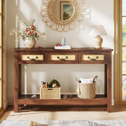 HUAHUU 47.2" Console Table with 3 Rattan Drawers, Long Sofa Table with Storage Behind Couch, Farmhouse Entryway Table with Power Outlet & Open Storage for Entrance/Hallway/Foyer/Living Room, Walnut - Thumbnail 2