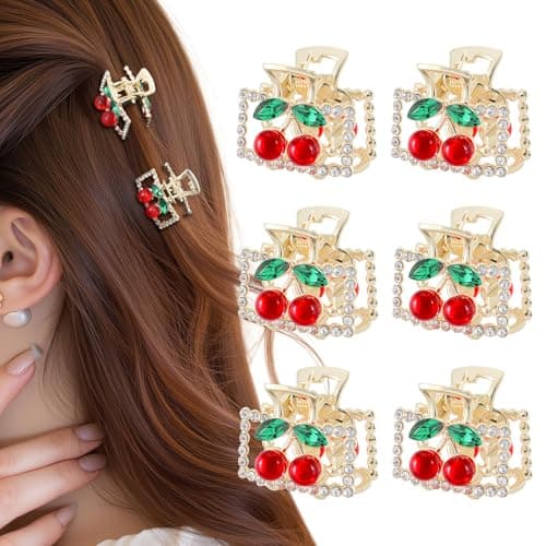 6PCS Rhinestones Cherry Small Hair Clips-Mini Claw Clips for Women, Metal Springs, Cute Hair Accessories for Updo and Half Up Styles (Square Cherry)