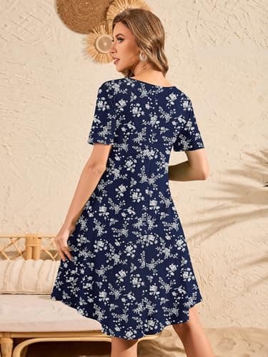 DEARCASE Women's Summer Dresses Floral Short Sleeve Spotted Prosperity Small Wedding Guest V-Neck Knee Length Hawaiian Beach Sundresses Boho Flowy Swing Vacation Party Comfy Mini T-Shirt Dress - Thumbnail 2
