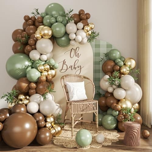 Sage Green Brown Balloon Arch Kit, 124Pcs Brown Green Sand White Gold Balloons for Safari Woodland Dinosaur Jungle Theme Baby Shower Wedding Birthday Party Decorations - Image 1